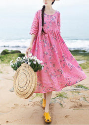 French Rose Print Cinched Pockets Maxi Summer Linen Dress - SooLinen