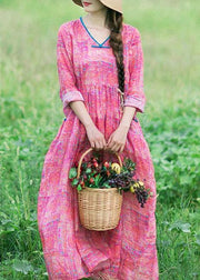 French Rose Print Clothes Women V Neck Patchwork Maxi Spring Dress - SooLinen