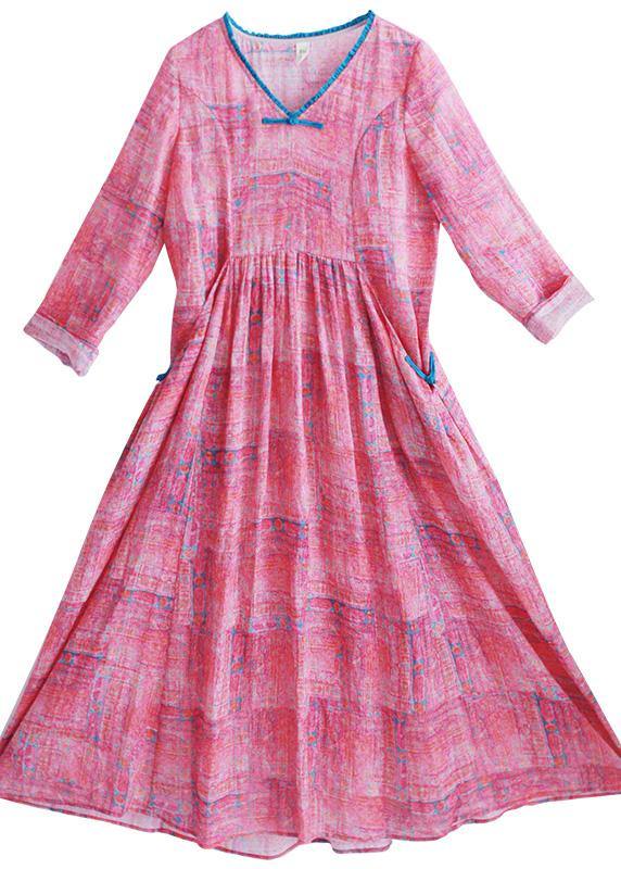 French Rose Print Clothes Women V Neck Patchwork Maxi Spring Dress - SooLinen