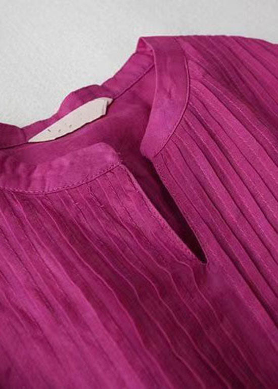 French Rose V Neck Wrinkled Pockets Patchwork Linen Dresses Summer