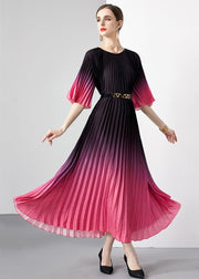 French Rose Wrinkled Sashes Patchwork Chiffon Long Dresses Flare Sleeve