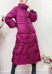 French Rose Zippered Lace Patchwork Duck Down Long Coat Winter