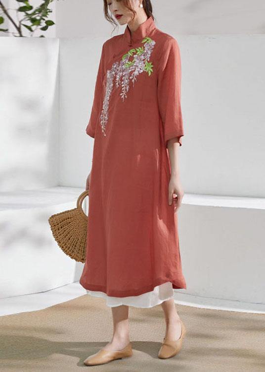 French Rust Embroideried Patchwork Button Summer Ramie Summer Dresses Half Sleeve - SooLinen