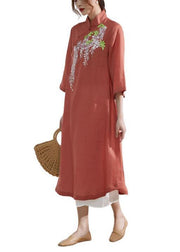 French Rust Embroideried Patchwork Button Summer Ramie Summer Dresses Half Sleeve - SooLinen