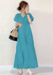 French Sky Blue V Neck Hollow Out Embroidered Cotton A Line Dress Summer