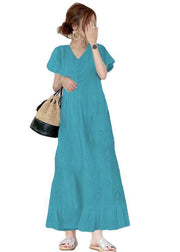French Sky Blue V Neck Hollow Out Embroidered Cotton A Line Dress Summer