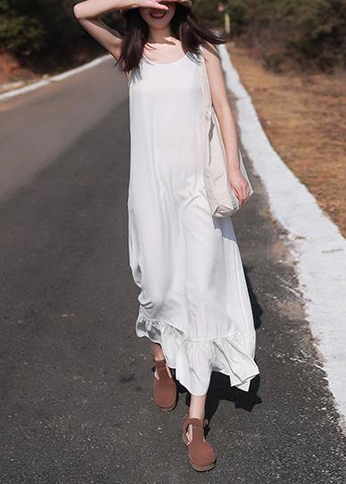 French Sleeveless Ruffles Wardrobes Tutorials White Loose Dresses - SooLinen