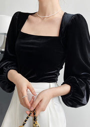 French Slim Fit Black Square Collar Velour Top Long Sleeve