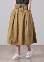French Solid Color Khaki Elastic Waist Pockets Button Sashes Cotton A Line Skirts Summer