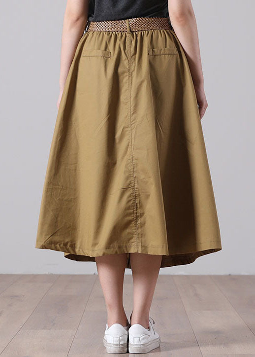 French Solid Color Khaki Elastic Waist Pockets Button Sashes Cotton A Line Skirts Summer