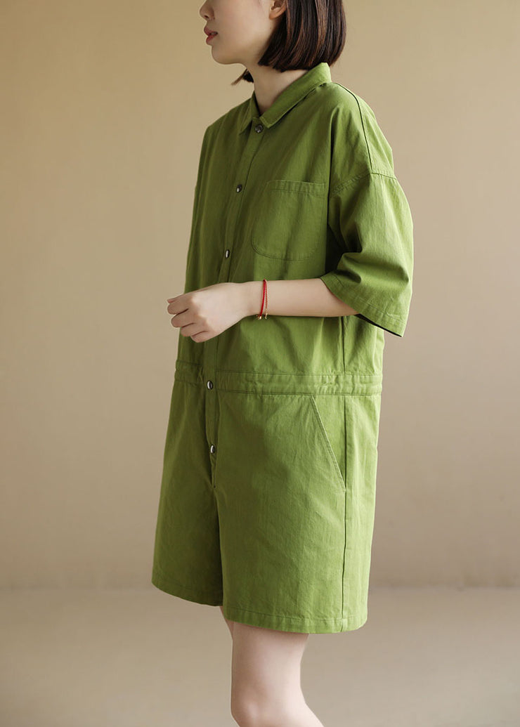 Französischer grüner Peter Pan-Kragen-Knopf-Taschen-Baumwolloverall mit halben Ärmeln