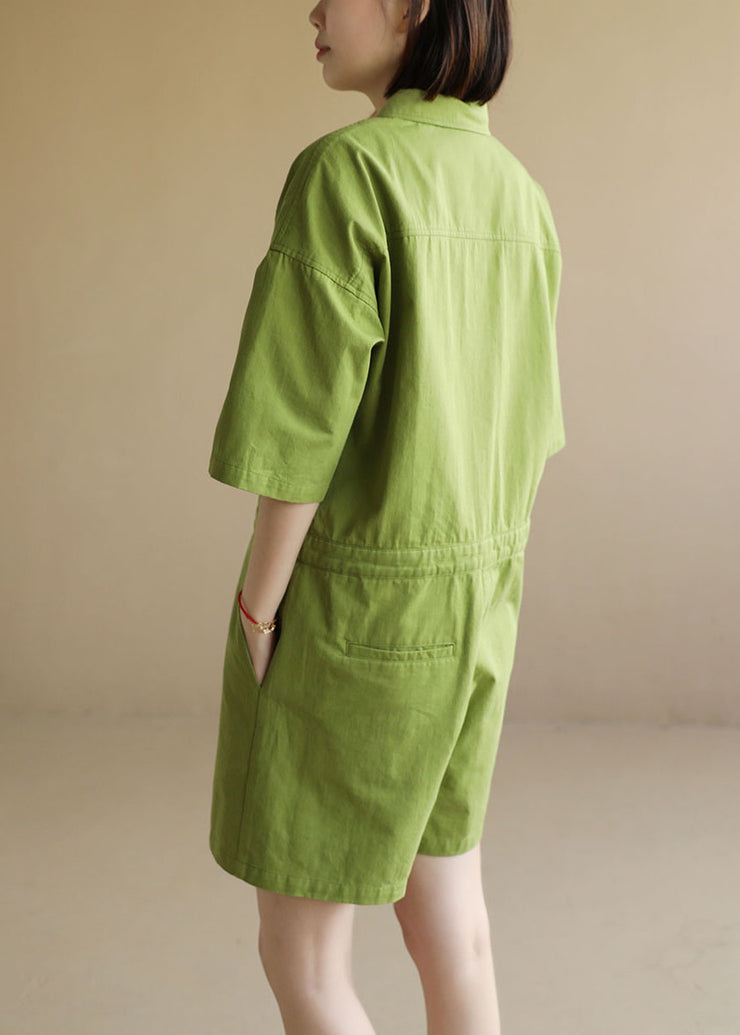 Französischer grüner Peter Pan-Kragen-Knopf-Taschen-Baumwolloverall mit halben Ärmeln