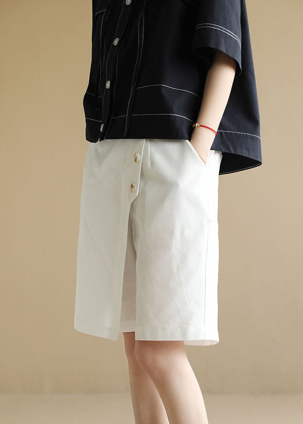 French Solid White Elastic Waist Asymmetrical Button Cotton Wide Leg Crop Pant Summer