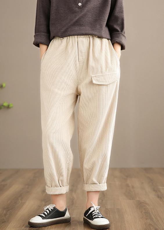 French Spring Trousers Plus Size Beige Inspiration Elastic Waist Pockets Pant - SooLinen