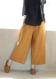 French Spring Women Pants Plus Size Yellow Design Elastic Waist Pockets Wild Pants - SooLinen