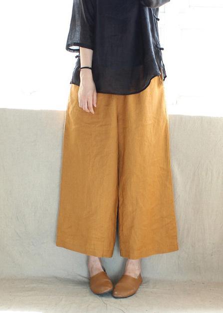 French Spring Women Pants Plus Size Yellow Design Elastic Waist Pockets Wild Pants - SooLinen