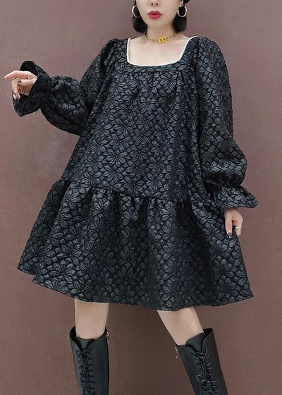 French Square Collar Patchwork Spring Tunic Sewing Black Flower Dress - SooLinen