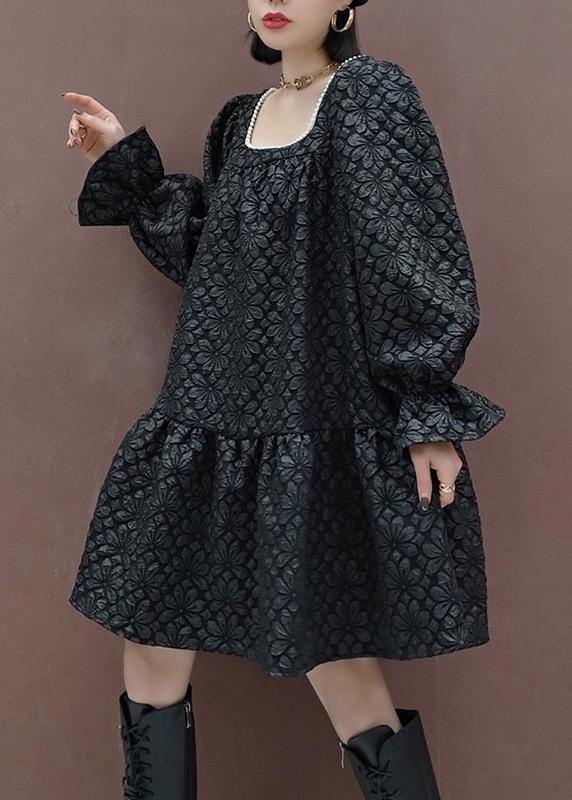 French Square Collar Patchwork Spring Tunic Sewing Black Flower Dress - SooLinen