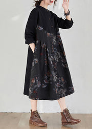 French Stand Collar Patchwork Spring Tunic Pattern Fabrics Black Print Dress - SooLinen