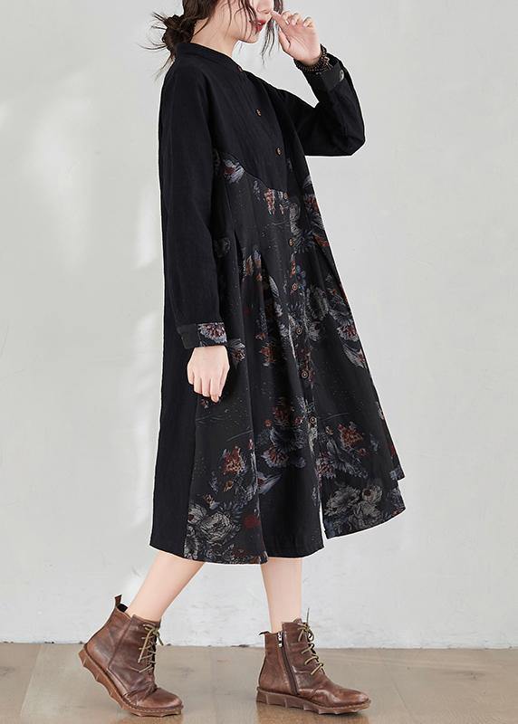French Stand Collar Patchwork Spring Tunic Pattern Fabrics Black Print Dress - SooLinen
