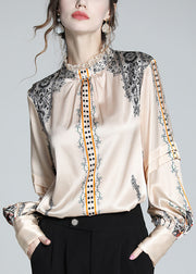 French Stand Collar Print Lace Patchwork Silk Shirt Spring