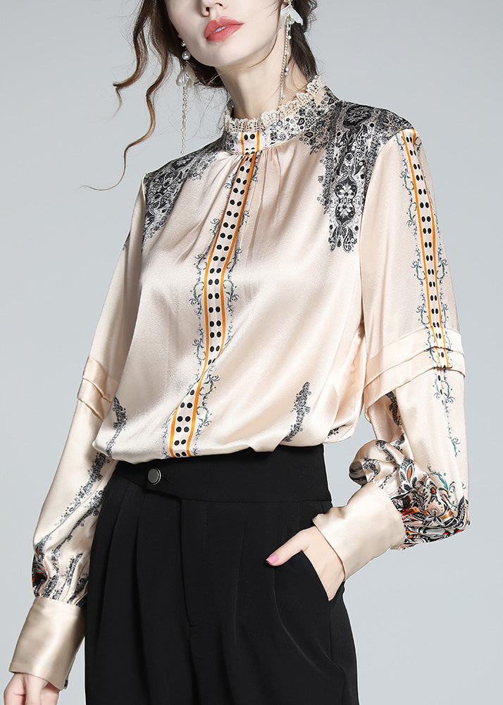 French Stand Collar Print Lace Patchwork Silk Shirt Spring