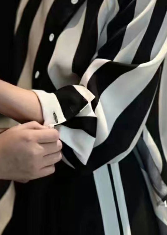 French Striped Asymmetrical Button Chiffon Blouses Spring