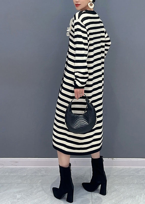 French Striped O-Neck Floral Side Open Holiday Long Dress Long Sleeve