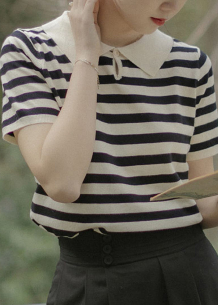 French Striped Peter Pan Collar Button Cotton Knit Top Summer