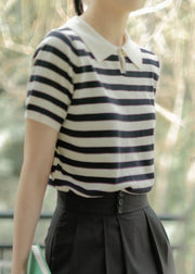 French Striped Peter Pan Collar Button Cotton Knit Top Summer