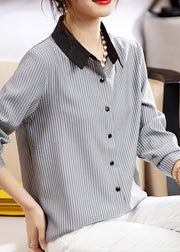 French Striped Peter Pan Collar Button Cotton Shirts Fall
