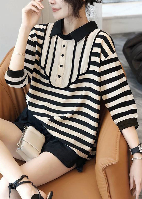 French Striped Peter Pan Collar Patchwork Cotton Tops Bracelet Sleeve