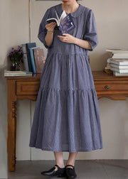 French Striped Peter Pan Collar Pockets Cotton Long Dresses Summer