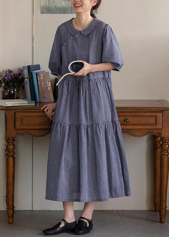 French Striped Peter Pan Collar Pockets Cotton Long Dresses Summer