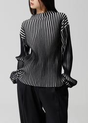 French Striped Stand Collar Patchwork Knit Top Long Sleeve