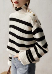 French Striped Turtleneck Patchwork Cozy Knit Sweaters Long Sleeve