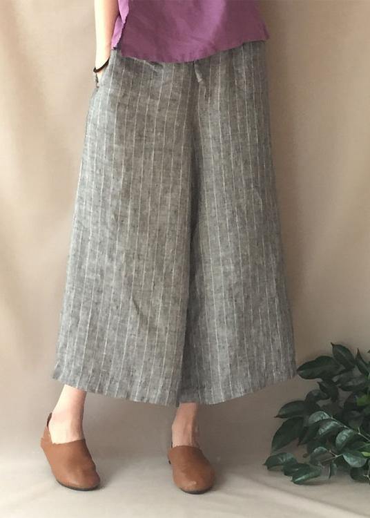 French Summer Women Pants Vintage Gray Striped Fabrics Pockets Pant - SooLinen