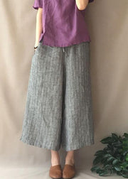 French Summer Women Pants Vintage Gray Striped Fabrics Pockets Pant - SooLinen