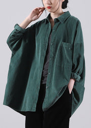 French Tea Green Peter Pan Collar Pockets Button Fall Top Long Sleeve