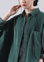 French Tea Green Peter Pan Collar Pockets Button Fall Top Long Sleeve