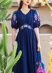 French Tibetan Blue Embroidered Patchwork Silk Maxi Dresses Spring