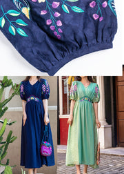 French Tibetan Blue Embroidered Patchwork Silk Maxi Dresses Spring