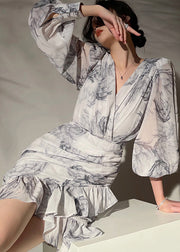 Französischer V-Ausschnitt, asymmetrischer Druck, Chiffon, mittellanges Kleid mit langen Ärmeln