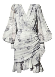 French V Neck Asymmetrical Print Chiffon Mid Dress Long Sleeve