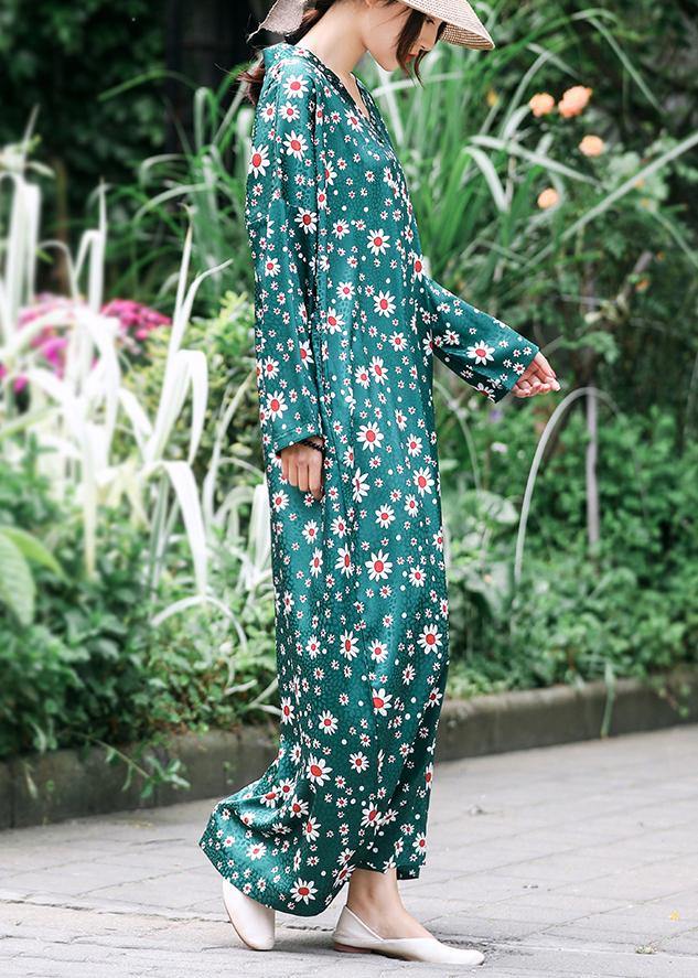 French Green Daisy Print Summer Dress Long Caftan Sundress - SooLinen