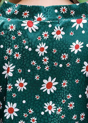French Green Daisy Print Summer Dress Long Caftan Sundress - SooLinen