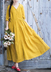 French V Neck Patchwork Spring Dresses Fabrics Yellow Plus Size Dresses - SooLinen