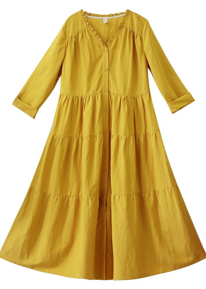French V Neck Patchwork Spring Dresses Fabrics Yellow Plus Size Dresses - SooLinen