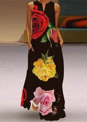French V Neck Rose Print Chiffon Long Dress Sleeveless