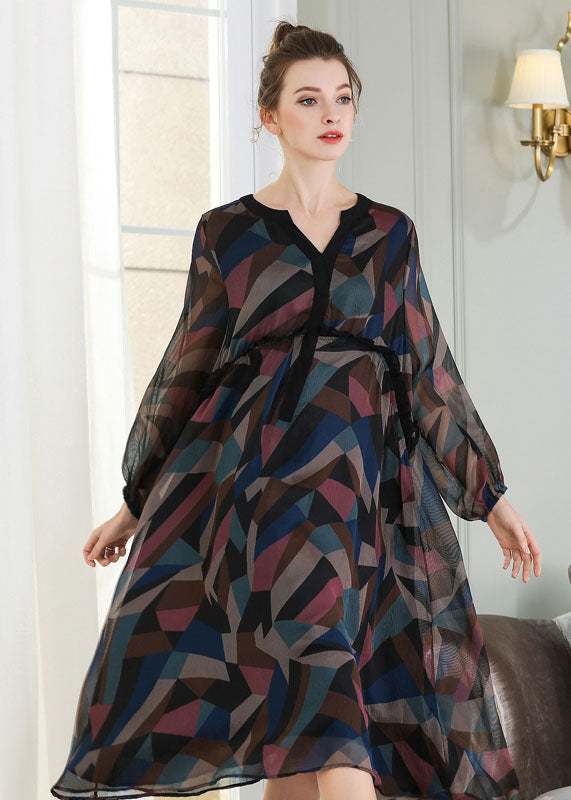 French V Neck Ruffled Patchwork Print Chiffon Maxi Dress Spring